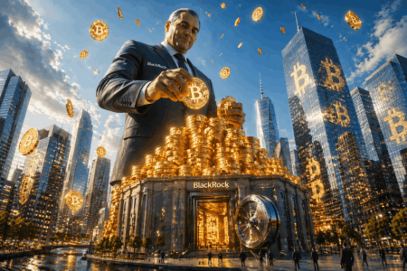 Businessman in a suit arranging glowing Bitcoin coins atop a tall pile of gold coins outside a BlackRock vault amid a city skyline