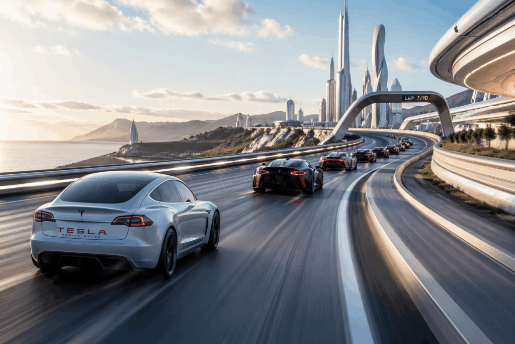 White Tesla Model S racing along a curved coastal highway with a futuristic city skyline in the background.