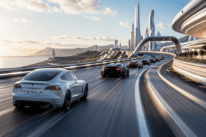 White Tesla Model S racing along a curved coastal highway with a futuristic city skyline in the background.