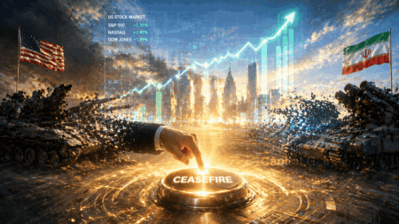 Hand presses glowing button labeled CEASEFIRE amid tanks and flags, with a stock market chart backdrop suggesting a peace-driven corporate action.