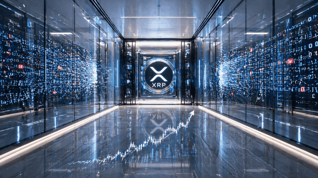Center shows a glowing XRP emblem in a high-tech server corridor with blue neon lighting and a reflective floor