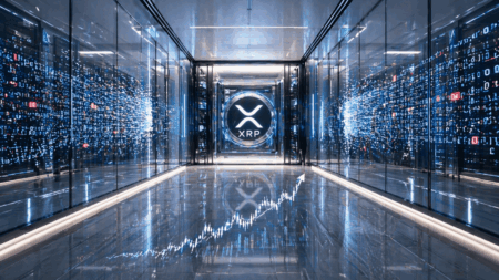 Center shows a glowing XRP emblem in a high-tech server corridor with blue neon lighting and a reflective floor
