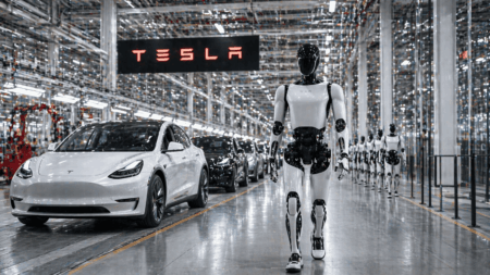 Inside a Tesla factory, a white Tesla sedan sits on the production line with a tall humanoid robot in the foreground and additional robots in the background.