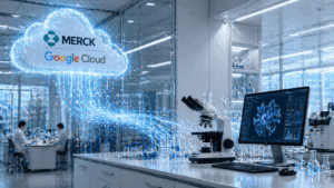 Lab bench with a microscope and a monitor displaying a molecular network; a glowing Merck Google Cloud graphic hovers above the scene.