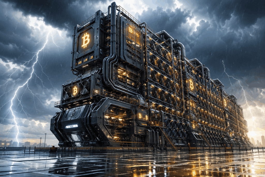 Massive industrial Bitcoin mining rig with glowing BTC logos under a stormy lightning-filled sky.
