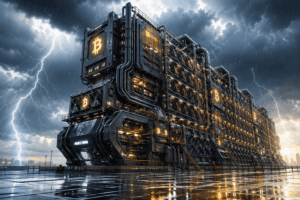 Massive industrial Bitcoin mining rig with glowing BTC logos under a stormy lightning-filled sky.
