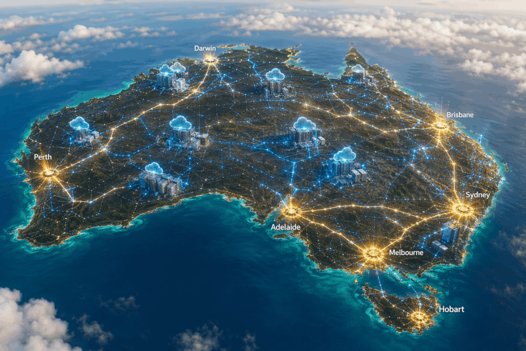 Illustrated map of Australia with glowing network lines, cloud icons, and labeled cities: Perth, Adelaide, Melbourne, Sydney, Brisbane, Darwin, Hobart, connected across the continent.