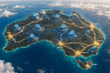 Illustrated map of Australia with glowing network lines, cloud icons, and labeled cities: Perth, Adelaide, Melbourne, Sydney, Brisbane, Darwin, Hobart, connected across the continent.