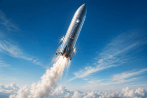 A silver rocket blasting off through a clear blue sky with a smoke trail over white clouds below.