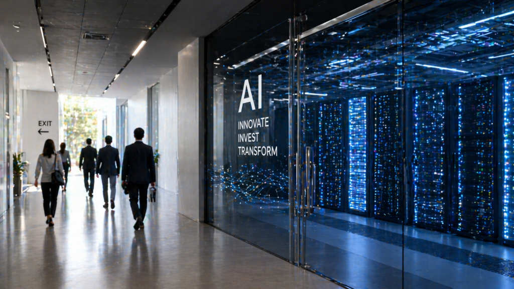 Office hallway with people walking toward a bright exit sign and a glass wall displaying 'AI: Innovate, Invest, Transform' and a server room beyond