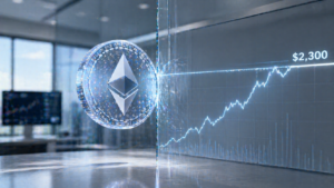 Ethereum symbol with a rising crypto price chart showing $2,300 on a dark background.