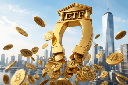 Golden ETF arch with Bitcoin coins pouring out, symbolizing a Bitcoin ETF against a city skyline
