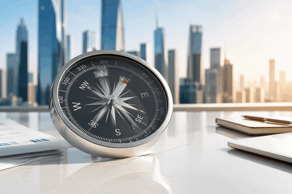 Metallic compass on a white desk with a blurred city skyline in the background.