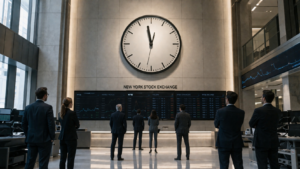 New York Stock Exchange trading floor with a large wall clock and traders reading digital stock boards.