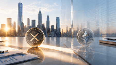 Coined XR P and Ethereum coins sit on a reflective glass desk with a city skyline in the background, highlighting cryptocurrency trading.