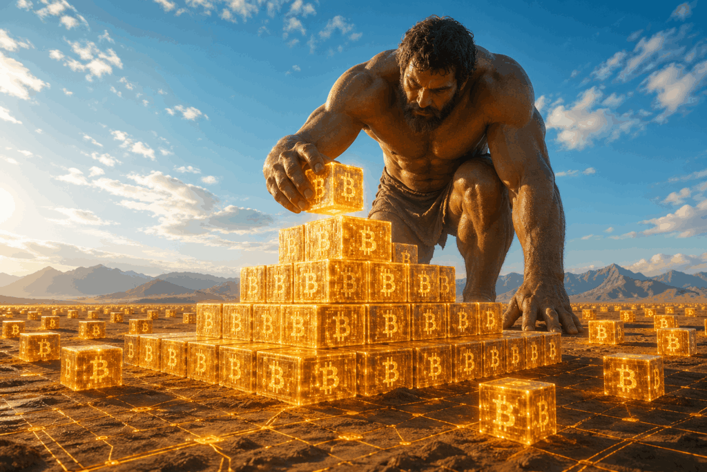 Muscular man arranges glowing Bitcoin blocks into a pyramid on a sunlit desert ground.