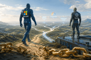 Two giant metallic figures, one with the Microsoft logo and the other OpenAI, overlook glowing cloud-network paths with AWS, Google Cloud, and Oracle Cloud logos in the sky above a valley surface.