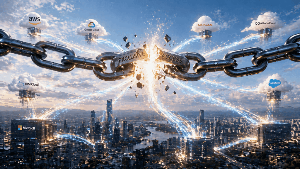 Chain breaking to unlock exclusive access to major cloud providers over a city skyline (AWS, Google Cloud, IBM Cloud, Oracle, Alibaba Cloud, Salesforce, Microsoft).