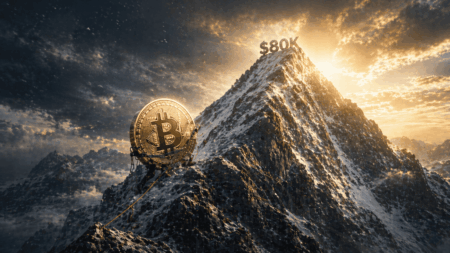 Bitcoin coin rests on a snow-covered mountain peak as sunrise lights a $80K milestone