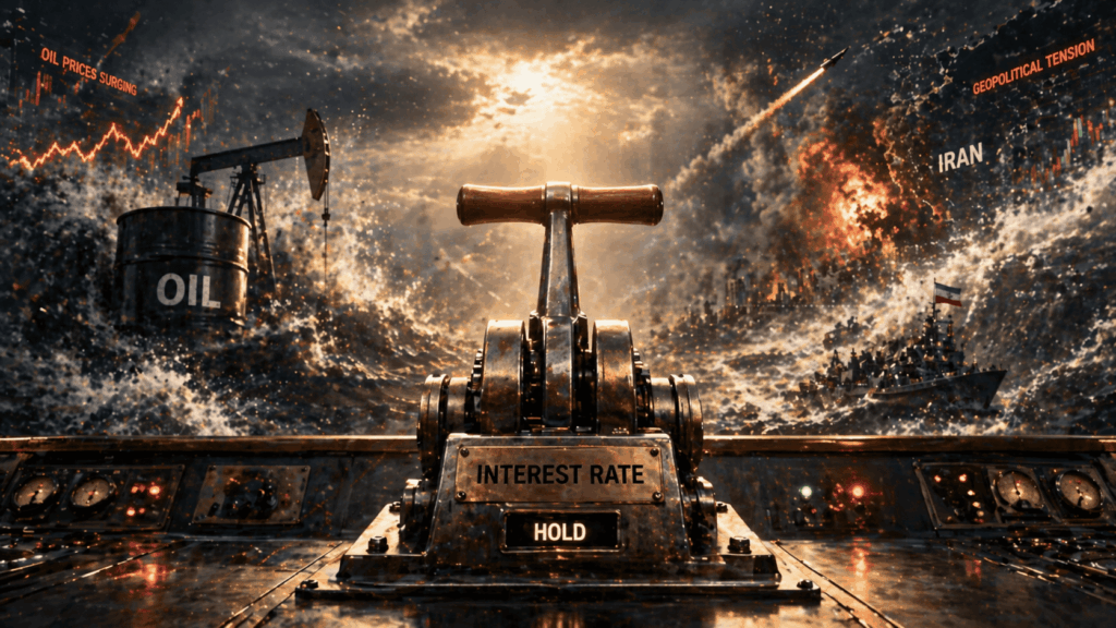 Metaphorical scene of interest rates causing economic turmoil, with an oil pump, warship, and explosions in a chaotic sea of oil.