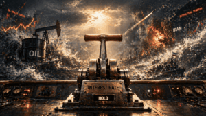 Metaphorical scene of interest rates causing economic turmoil, with an oil pump, warship, and explosions in a chaotic sea of oil.