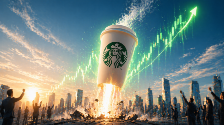Starbucks cup rocket launching above a cheering crowd with a rising green stock chart in the sky.