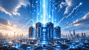 Futuristic AI data center glowing blue, with energy streams, dollar signs, and a rising financial chart over a cityscape.