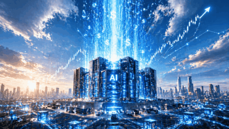 Futuristic AI data center glowing blue, with energy streams, dollar signs, and a rising financial chart over a cityscape.