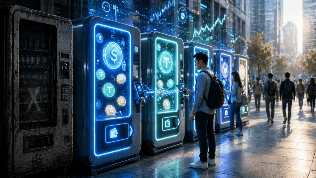 Row of neon-lit vending machines in a city plaza displaying cryptocurrency icons; people interact with screens and smartphones nearby.