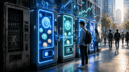 Row of neon-lit vending machines in a city plaza displaying cryptocurrency icons; people interact with screens and smartphones nearby.