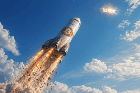 Rocket with Bitcoin logo blasting off into a blue sky, emitting fiery exhaust and debris; a glowing $250K appears in the clouds above.