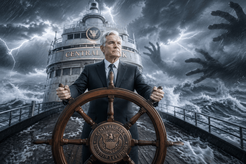 Older man in a suit at the ship's wheel, steering through a fierce storm with lightning in the background and looming shadows behind him.