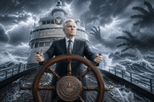 Older man in a suit at the ship's wheel, steering through a fierce storm with lightning in the background and looming shadows behind him.