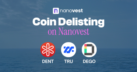 Coin Delisting on Nanovest banner with Nanovest logo, ocean backdrop, and DENT, TRU, and DEGO logos below.