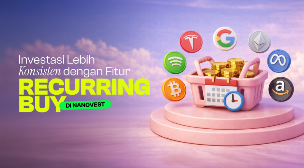 Promotional banner for Nanovest: 'Recurring Buy' feature with crypto icons around a pink basket near a pastel background.