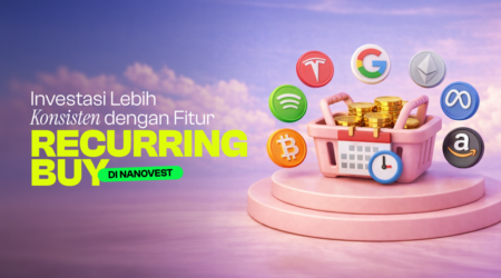 Promotional banner for Nanovest: 'Recurring Buy' feature with crypto icons around a pink basket near a pastel background.