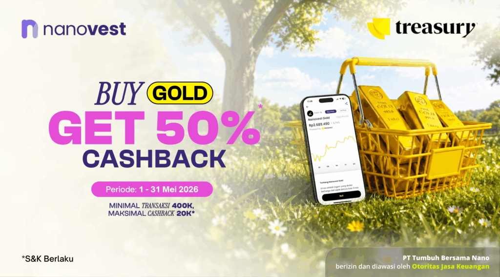Promo banner: Nanovest and Treasury logos, bold 'GET 50% CASHBACK' with a smartphone showing a gold investment app and a cart of gold bars in the background.