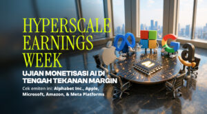 Promotional banner: bold yellow 'HYPERSCALE EARNINGS WEEK' text with an AI chip on a round table and colorful Google‑style letters in a city-view office.
