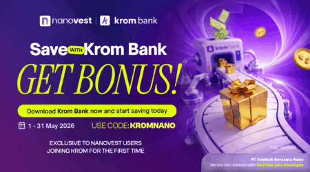 Promotional banner for Krom Bank bonus offer with money, gifts, and a conveyor belt on a purple background