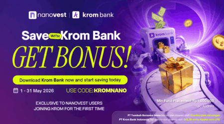 Purple promotional banner for Krom Bank offering a bonus, with 'GET BONUS!' and a gift box on a conveyor-path scene