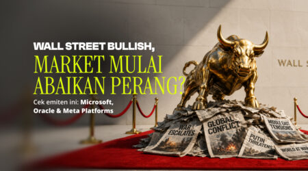 Golden bull statue atop a pile of newspaper front pages with bold yellow headline about a bullish Wall Street market, on a red carpet setting.