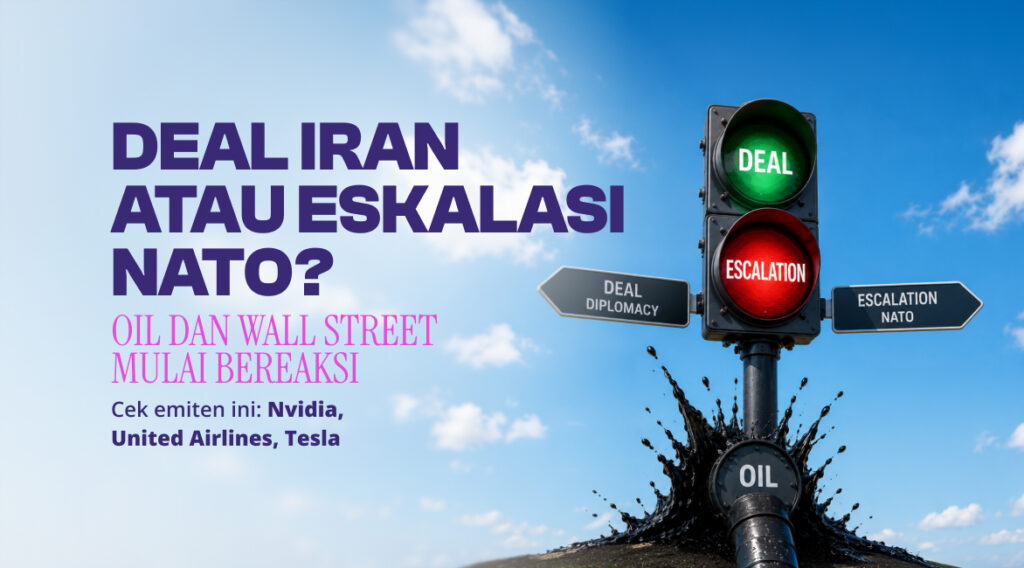 Indonesian poster debating NATO deal vs escalation, showing a green DEAL light and oil spilling from a pipe amid road signs.