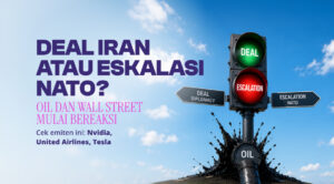 Indonesian poster debating NATO deal vs escalation, showing a green DEAL light and oil spilling from a pipe amid road signs.