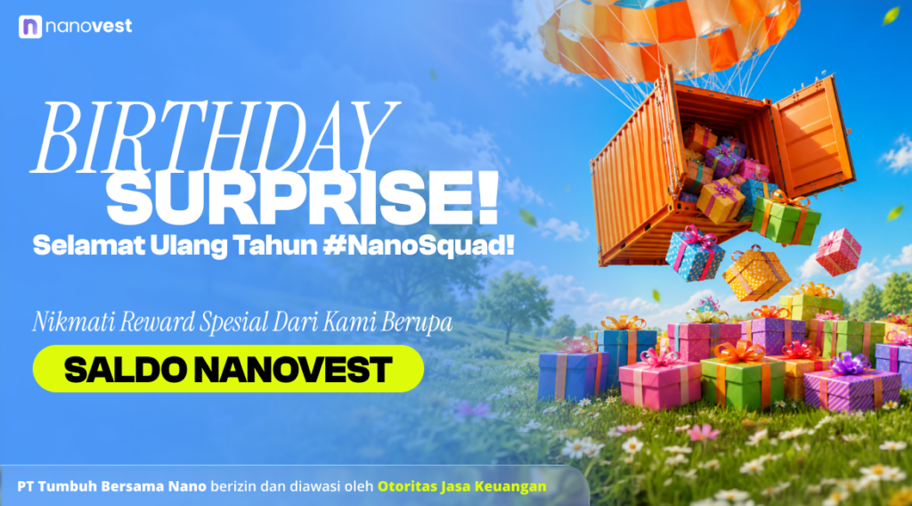Blue birthday banner with a parachute dropping a gift-filled orange container and large 'Birthday Surprise!' text, promoting NanoVest.