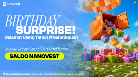 Blue birthday banner with a parachute dropping a gift-filled orange container and large 'Birthday Surprise!' text, promoting NanoVest.