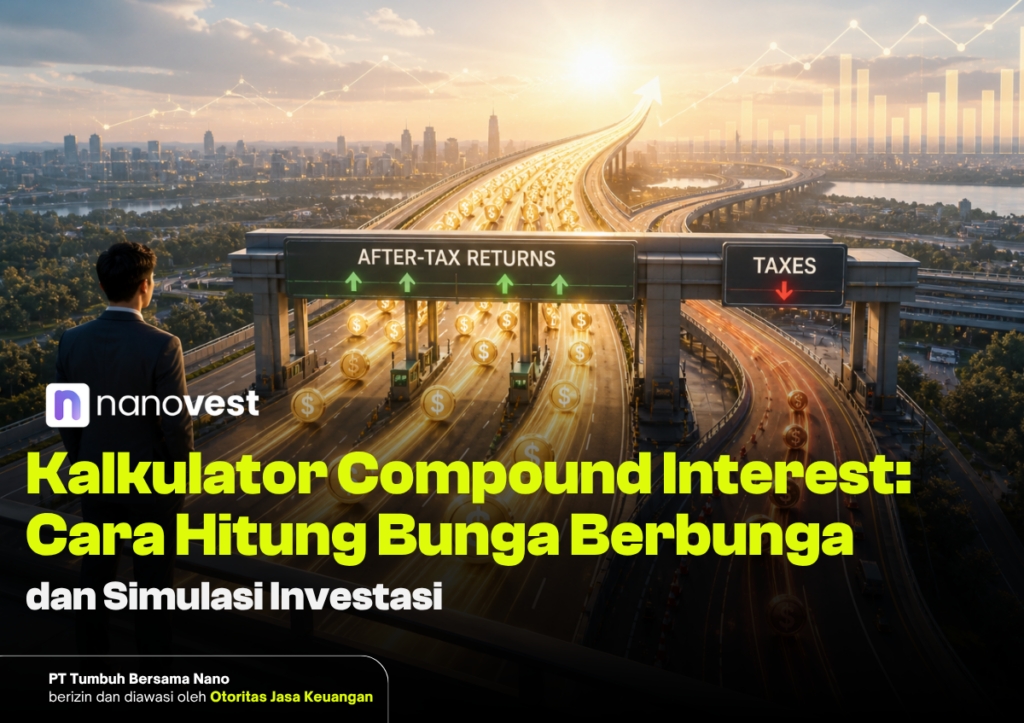 Hero image for an investment article: a businessman gazes at a futuristic highway with glowing arrows, coins, and signs reading 'After-Tax Returns' and 'Taxes' over a city skyline; nanovest branding and bold Indonesian title about compound interest and investment simulation.