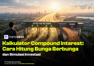 Hero image for an investment article: a businessman gazes at a futuristic highway with glowing arrows, coins, and signs reading 'After-Tax Returns' and 'Taxes' over a city skyline; nanovest branding and bold Indonesian title about compound interest and investment simulation.