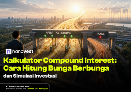 Hero image for an investment article: a businessman gazes at a futuristic highway with glowing arrows, coins, and signs reading 'After-Tax Returns' and 'Taxes' over a city skyline; nanovest branding and bold Indonesian title about compound interest and investment simulation.