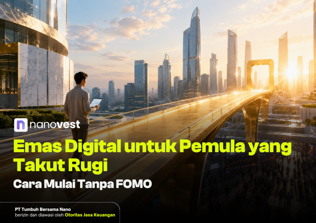 Businessperson holding a tablet on a futuristic bridge with a illuminated city skyline at sunset; Nanovest banner promoting digital gold for beginners.