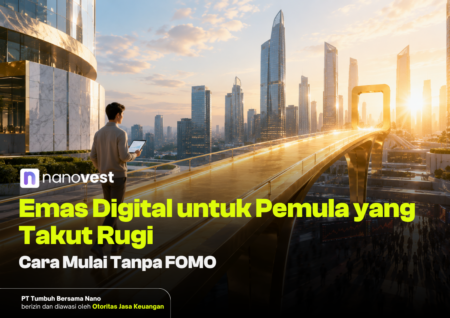 Businessperson holding a tablet on a futuristic bridge with a illuminated city skyline at sunset; Nanovest banner promoting digital gold for beginners.